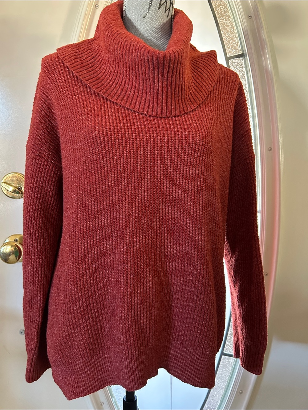 Hippie Rose Ribbed Cowl Neck Sweater - Rust Red